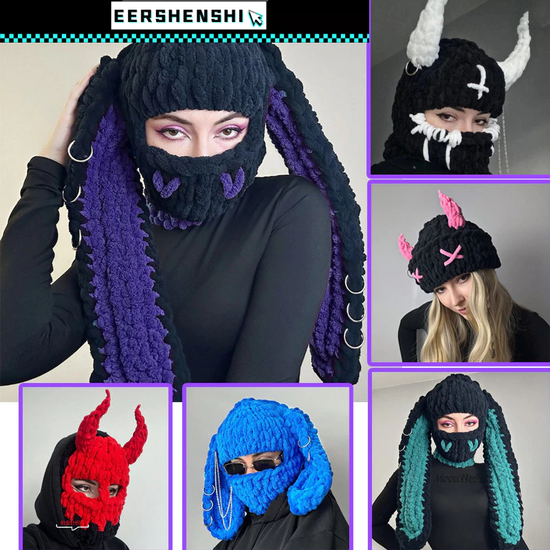 EERSHENSHIหมวกเขาปีศาจ ใหม่หวานเย็นสไตล์หมวกถักหมวกตุ๊กตา หูกระต่ายใหญ่หนาหน้ากากอุ่น
