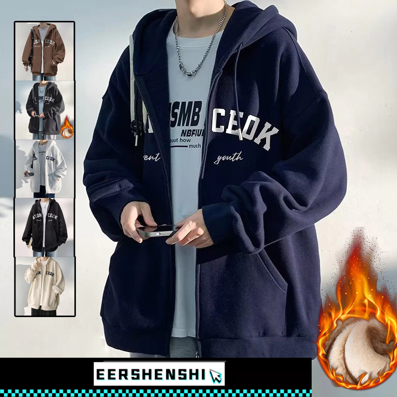 EERSHENSHI เสื้อฮู้ดผู้ชายฤดูใบไม้ผลิและฤดูใบไม้ร่วงเสื้อคาร์ดิแกนแบรนด์แฟชั่นอเมริกันขนแกะเรียงรายเสื้อยืดหลวมหล่อ