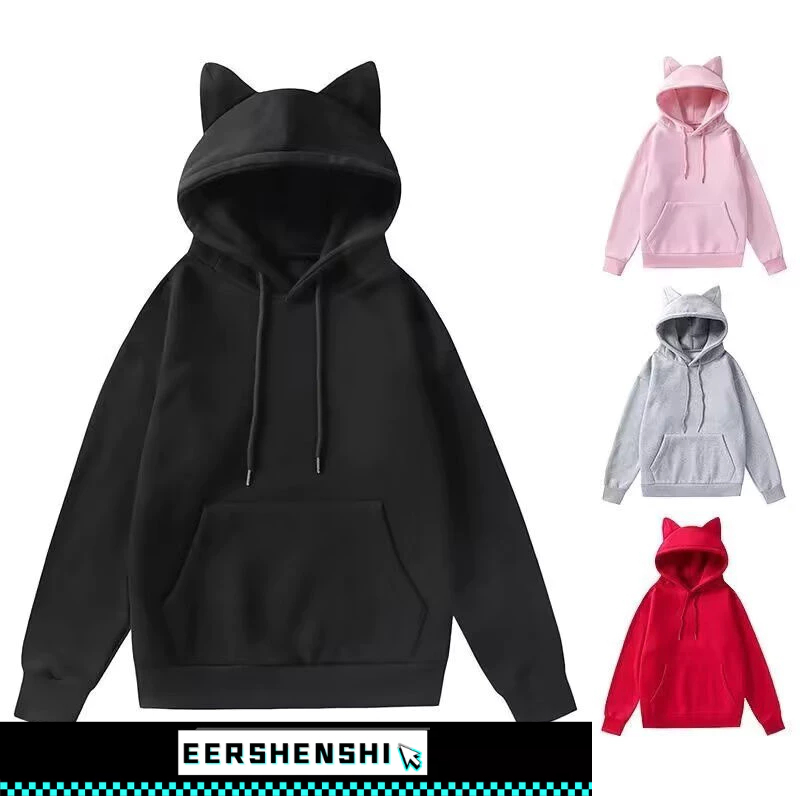 EERSHENSHI เสื้อฮู้ด ส่วนบุคคลหูแมวขนแกะเรียงรายเสื้อกันหนาวแขนยาว Street Hip-Hop ฤดูใบไม้ร่วงน่ารัก
