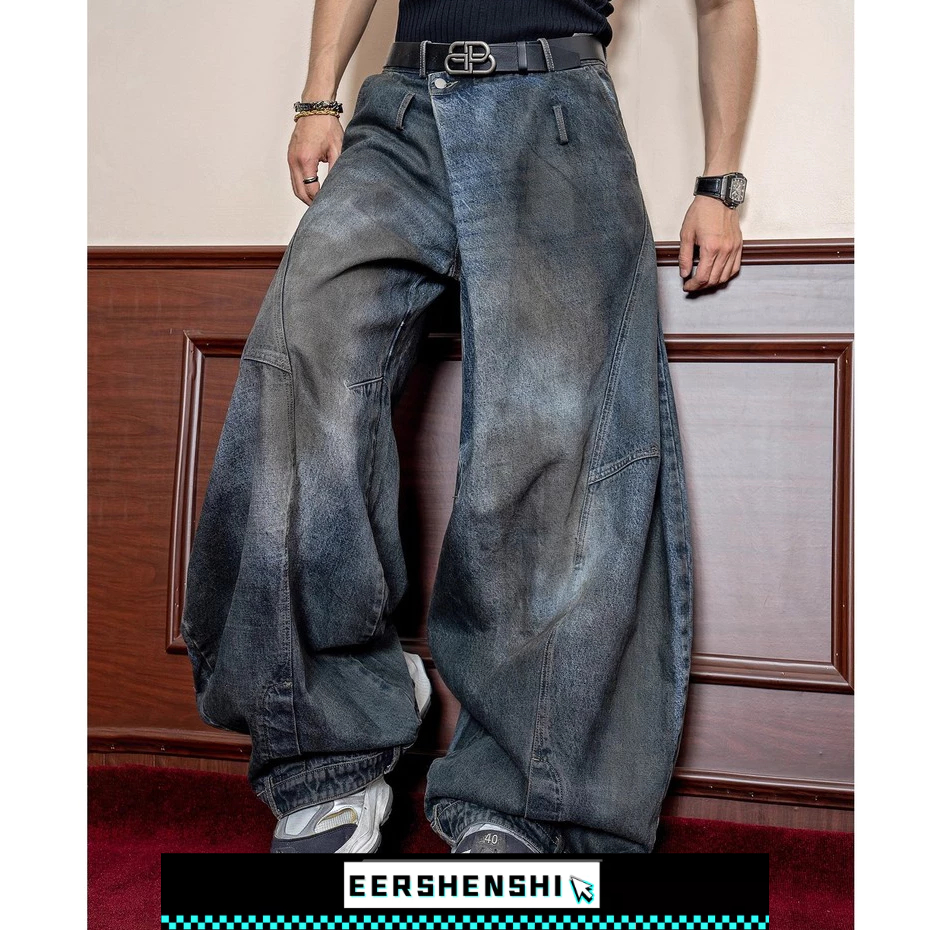 EERSHENSHI กางเกงยีนส์ผู้ชายฤดูใบไม้ร่วงถนนออกแบบหนักย้อนกลับกางเกงขากว้าง