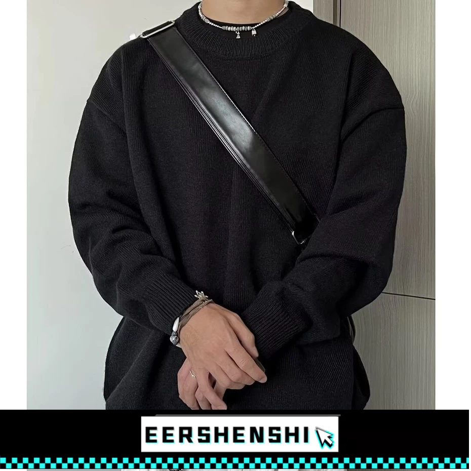 EERSHENSHI เสื้อสเวตเตอร์คอกลมสีเทาลําลองเกาหลี สไตล์โอเวอร์ไซส์เสื้อกันหนาวด้านใน