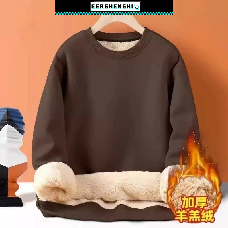 EERSHENSHI เสื้อกันหนาวผู้ชายคอกลม ขนแกะ สีทึบกับขนสัตว์หนาอเนกประสงค์หลวมด้านบน