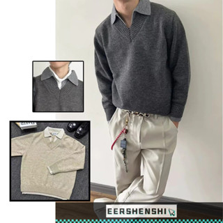 EERSHENSHI เสื้อกันหนาวผู้ชายฤดูหนาวปกปลอมสองชิ้นเสื้อถักเกา…