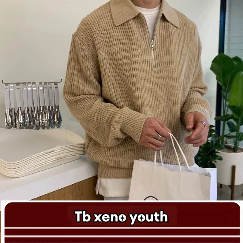 Tb xeno youth เสื้อกันหนาวผู้ชายฤดูใบไม้ร่วงและฤดูหนาวสไตล์ญี่ปุ่นย้อนยุคเกรดสูงปกเสื้อถักหลวมสบายๆ