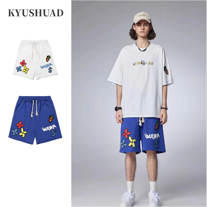 KYUSHUAD คิวชวด กางเกงขาสั้นอินเทรนด์สีทึบสําหรับผู้ชายอเมริกันไฮสตรีทลําลองอเนกประสงค์กางเกงกีฬาหลว