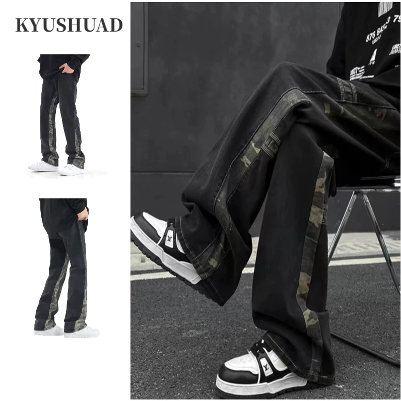 Kyushuad กางเกงยีนขากว้าง ทรงหลวม ลายพราง สไตล์อเมริกันย้อนยุค แฟชั่นฤดูใบไม้ผลิ สําหรับผู้ชาย