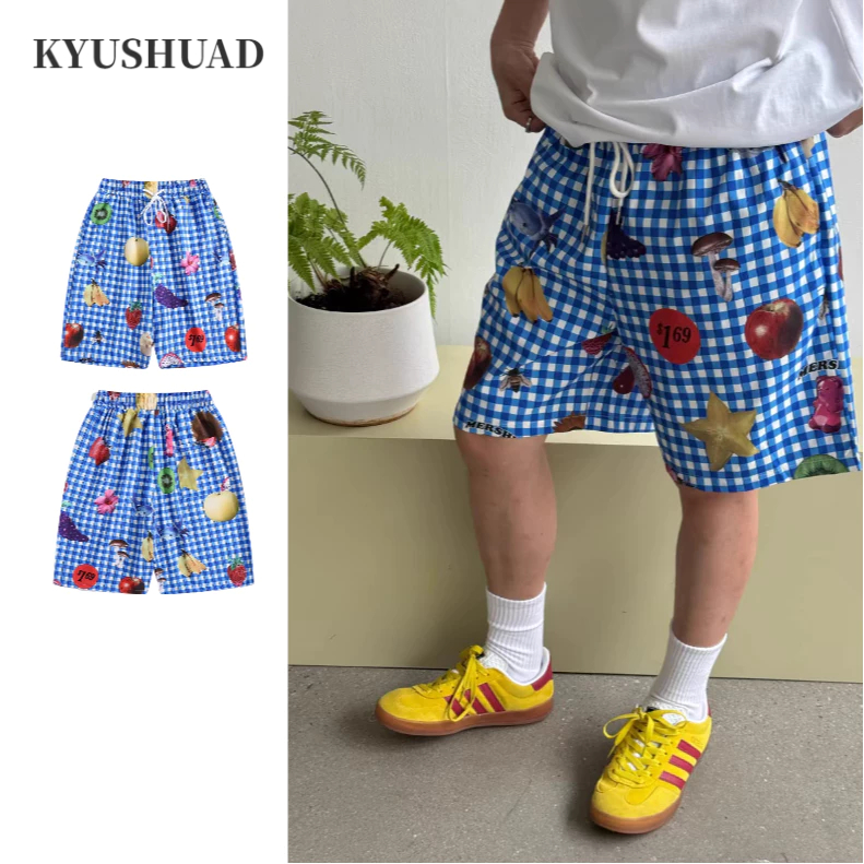 KYUSHUAD คิวชวด กางเกงขาสั้นผู้ชายอเมริกันย้อนยุค โดปามีน การ์ตูนผลไม้พิมพ์น่ารักอินเทรนด์หลวมกางเกงขาสั้นแห้งเร็ว