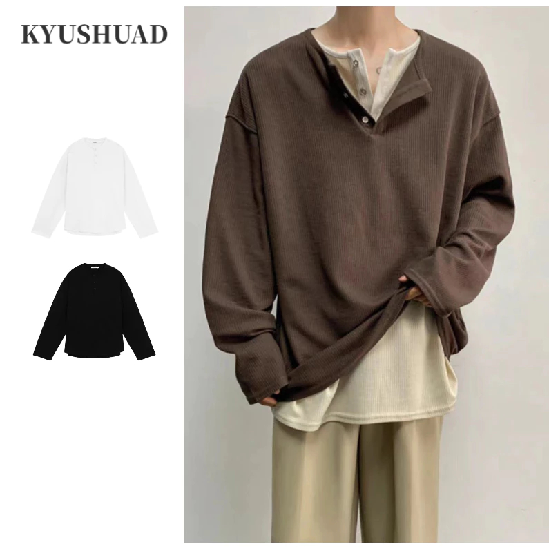KYUSHUAD ผู้ชาย เสื้อสวมหัว เสื้อกันหนาวญี่ปุ่น อเมริกันย้อนยุค สีพื้น เรียบง่าย เวอร์ชั่นเกาหลี อินเทรนด์ หลวม ประกบ ปลอม สองชิ้น เสื้อกันหนาว สําหรับผู้ชาย