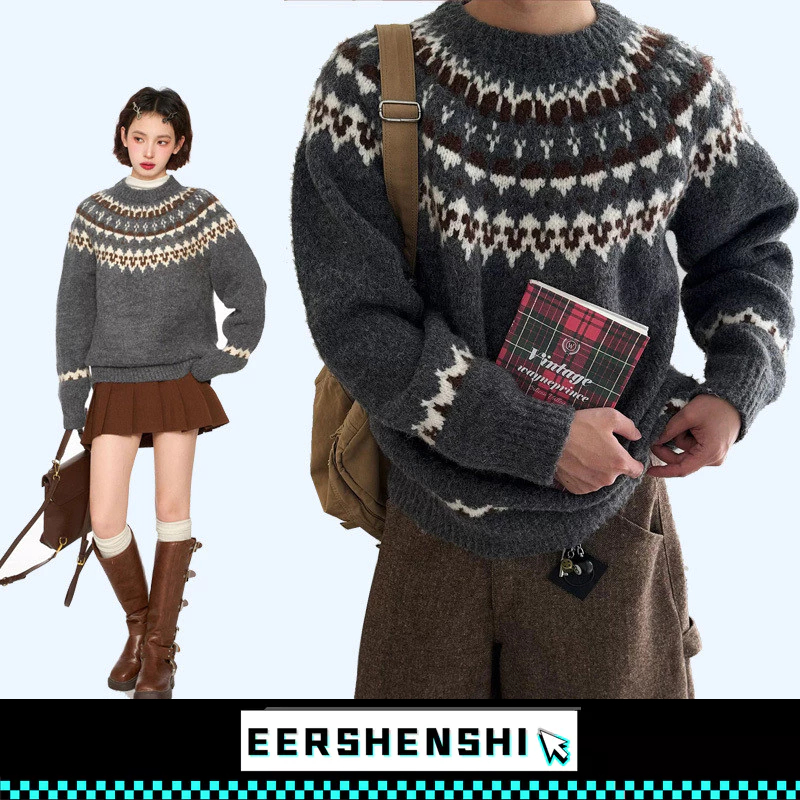 EERSHENSHI เสื้อกันหนาวผู้ชาย อเมริกันย้อนยุค หนารอบคอผู้ชายและผู้หญิง Casual อินเทรนด์ All-Match Top