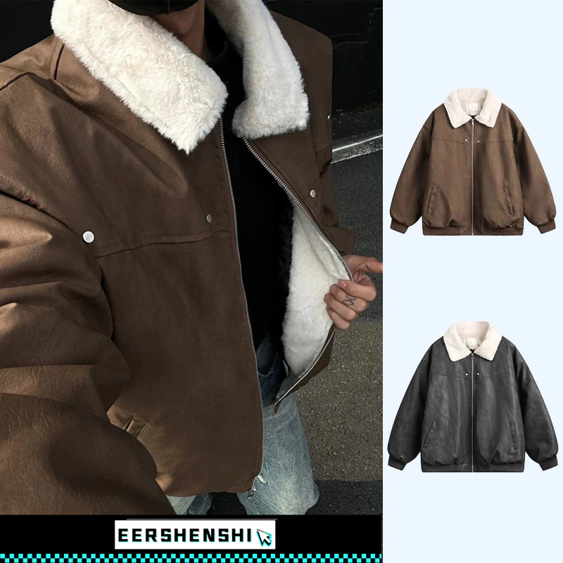 EERSHENSHI เสื้อผ้าฝ้ายผู้ชายฤดูหนาวสไตล์ญี่ปุ่นผ้าขนแกะย้อนยุค ปกหนังผ้าฝ้ายเสื้อแจ็คเก็ตอบอุ่น