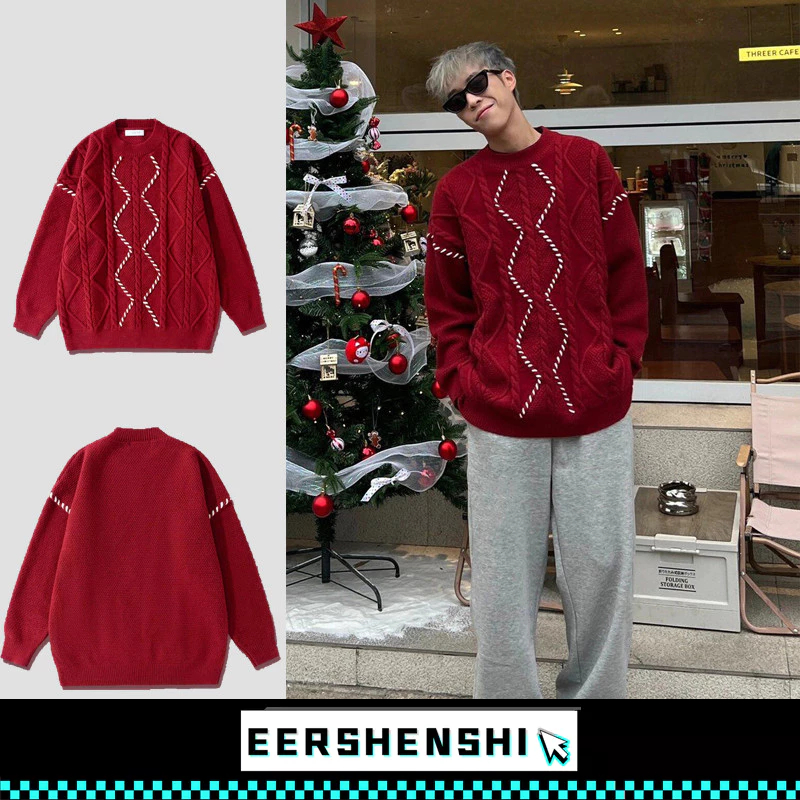 EERSHENSHI เสื้อกันหนาวสีแดงของผู้ชายคริสต์มาสฤดูใบไม้ร่วงและฤดูหนาวใหม่หนาบิดหลวมบรรยากาศเสื้อกันหนาววินเทจด้านบน