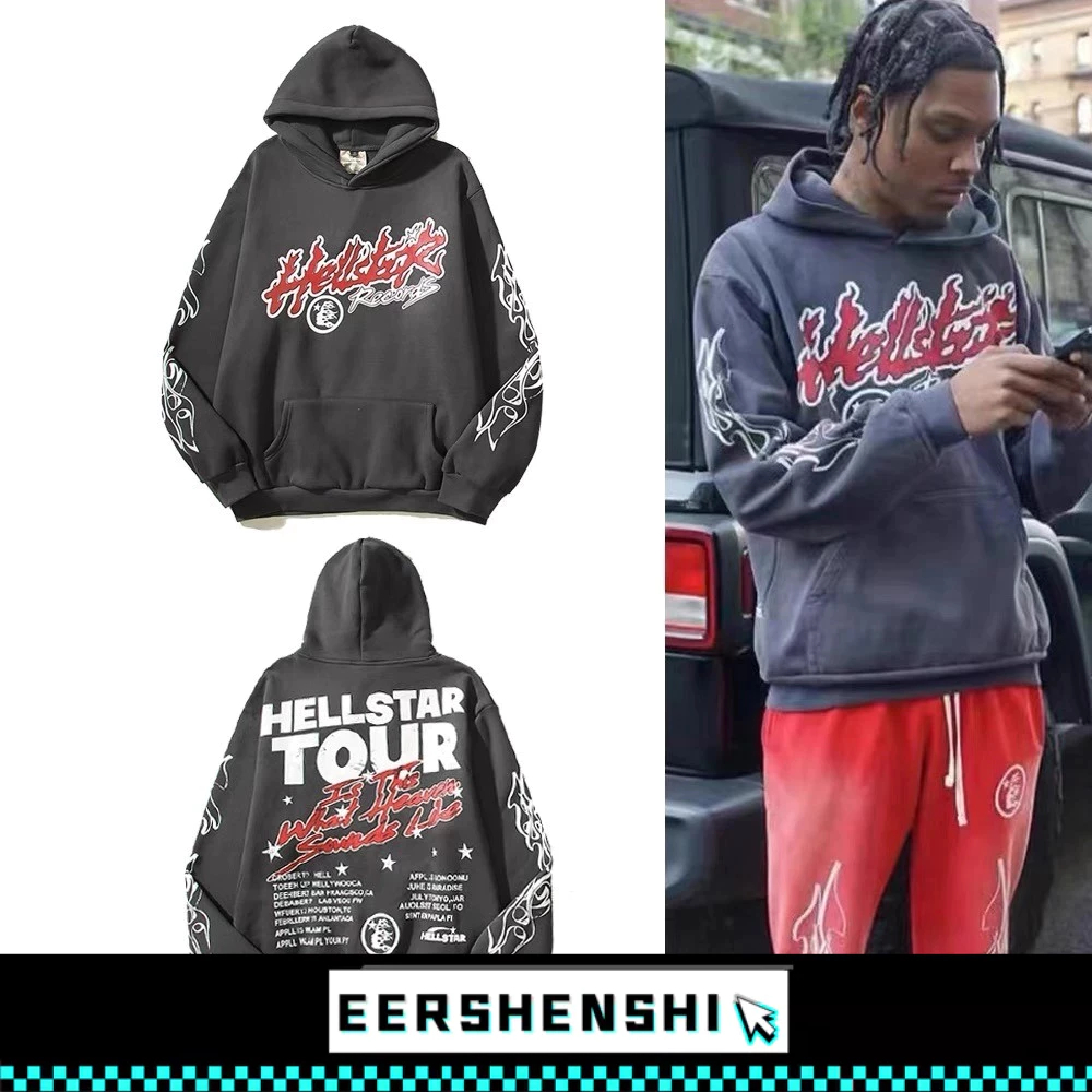 EERSHENSHI เสื้อฮู้ดผู้ชาย เสื้อสเวตเตอร์ลายเปลวไฟ Hell Star แบบวินเทจ