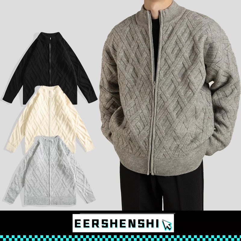 EERSHENSHI เสื้อกันหนาวผู้ชายซิปคาร์ดิแกน Baggy Coat อินเทรนด์ All-Match สีทึบ Twist ถัก