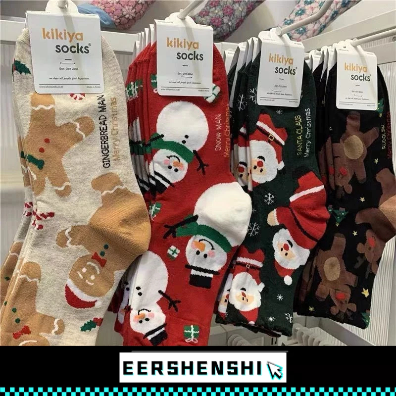 EERSHENSHIถุงเท้าการ์ตูน ถุงเท้าคริสต์มาส ถุงเท้าซานต้า หลอดกลาง