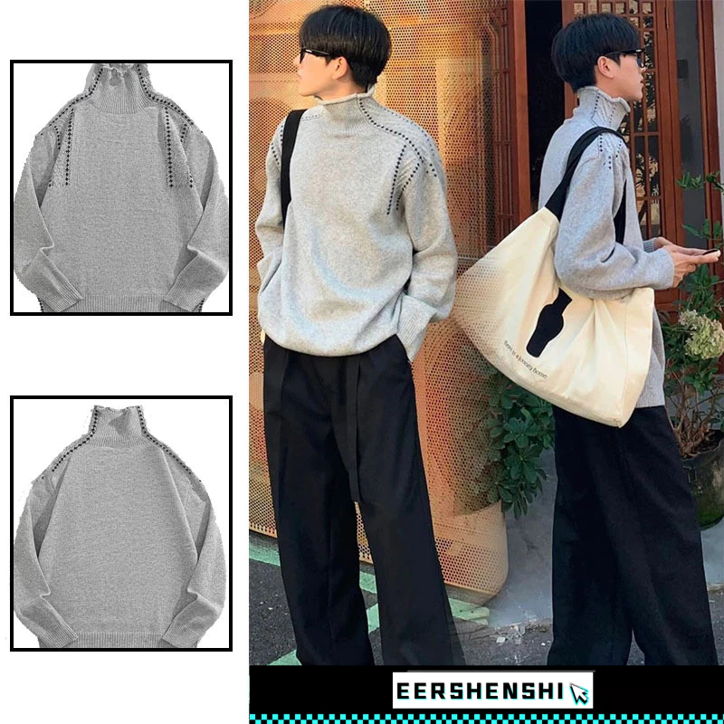 EERSHENSHI เสื้อกันหนาวผู้ชายฤดูใบไม้ร่วงและฤดูหนาวใหม่สไตล์เกาหลีครึ่งคอเต่าวินเทจถักเสื้อกันหนาวเย็บ