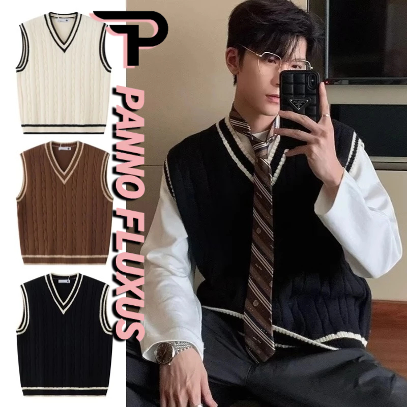Pannofluxus เสื้อกั๊กถักผู้ชายแฟชั่นยอดนิยมอเมริกันย้อนยุคหลวมสบายๆคอวีรักแขนกุดเสื้อกั๊กถัก