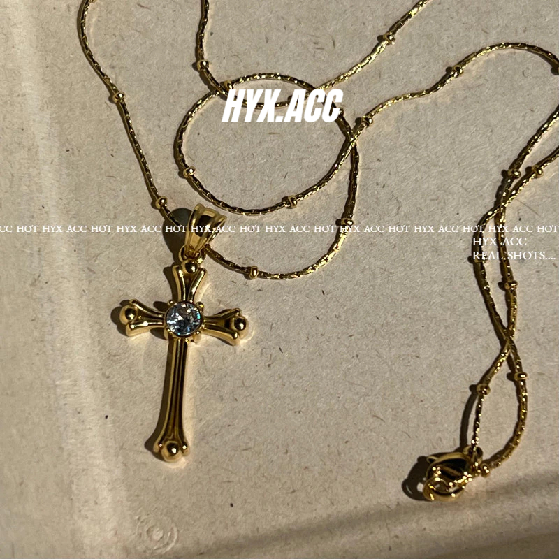 สร้อยคอผู้หญิงหวานเย็น Y2K Diamond Cross สร้อยคอเหล็กไทเทเนียม