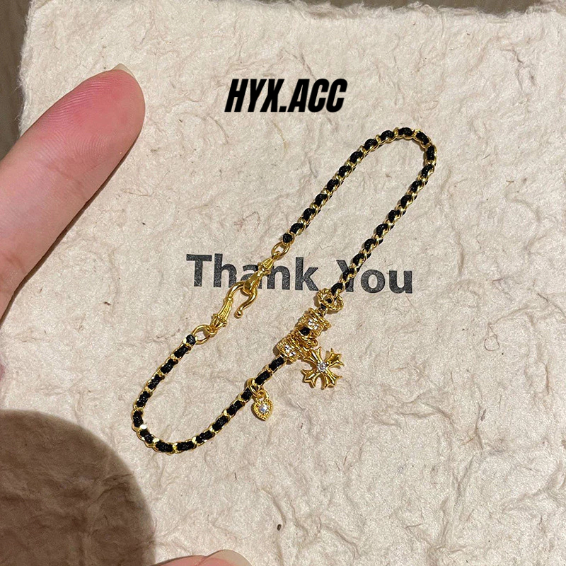 สร้อยข้อมือสุภาพสตรีวินเทจหวานเย็นข้ามสร้อยข้อมือเชือกถักสีดําทอง