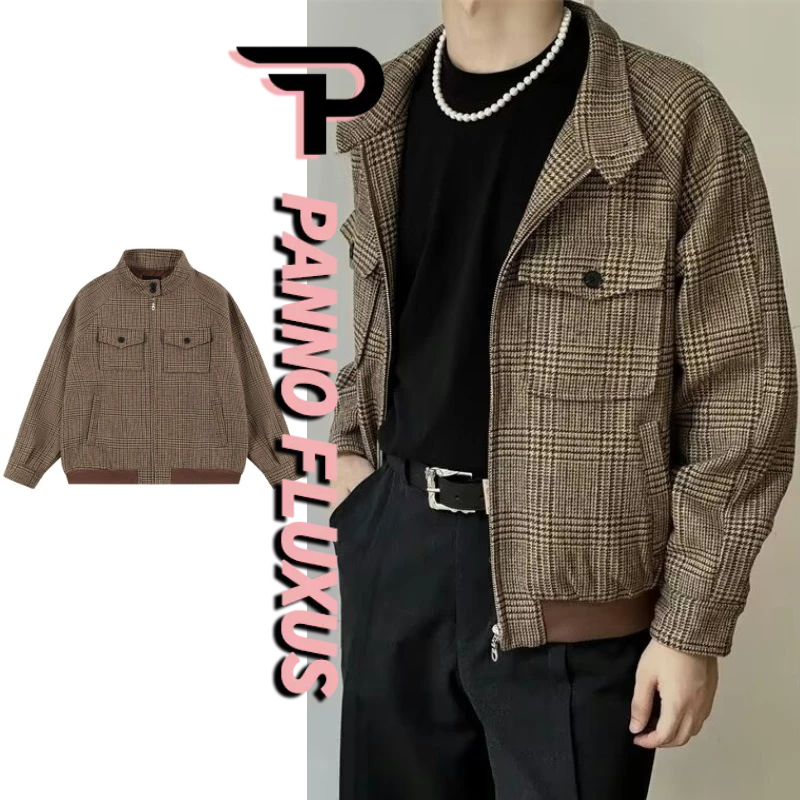 Pannofluxus เสื้อแจ็คเก็ตผู้ชาย แฟชั่นย้อนยุคอเมริกันสไตล์ Maillard houndstooth Harrington เสื้อแจ็คเก็ตตัดสามมิติ