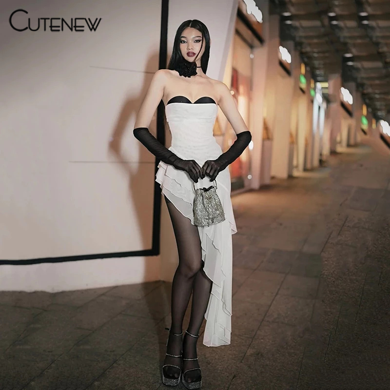 Cutenew มินิเดรสลําลองแม็กซี่เดรสแขนผอมเปลือยบุคลิกภาพร้อนเจี๊ยบดูทินเนอร์บรรยากาศอเนกประสงค์สไตล์แฟชั่นใหม่สุดฮอต