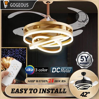 GOGEOUS 42inch Ceiling Fan With Light Remote Industrial Led Chandelier With Fans Tricolor Invisible Retractable 4 Blades Inverter DC 6 Speed 3 Color Lights Modern Ceiling Fan Light