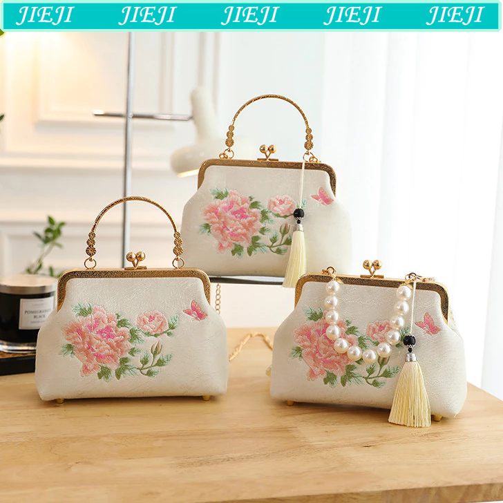 [พร้อมส่ง] กระเป๋าผู้หญิงปักลายดอกไม้สีชมพูสวยหรูกระเป๋าถือมุกกระเป๋าสะพายข้างหรูหราสไตล์จีน