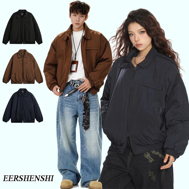 เสื้อโค้ทผู้ชายญี่ปุ่นย้อนยุคเรียบง่ายสีบริสุทธิ์หนาอบอุ่น-เก็บผ้าฝ้ายเสื้อผ้าคอ