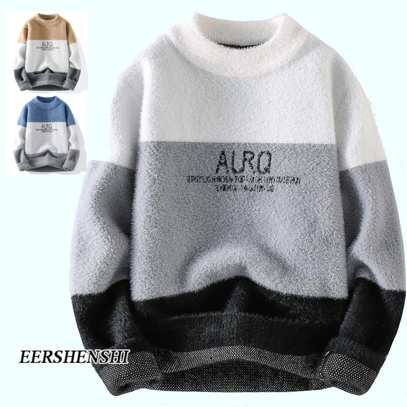 เอ้อเชนชิ เสื้อกันหนาวผู้ชายครึ่งคอเต่า จุดต่ําสุด เสื้อฤดูใบไม้ร่วงและฤดูหนาวขนแกะเรียงรายหนากลางปกอบอุ่น