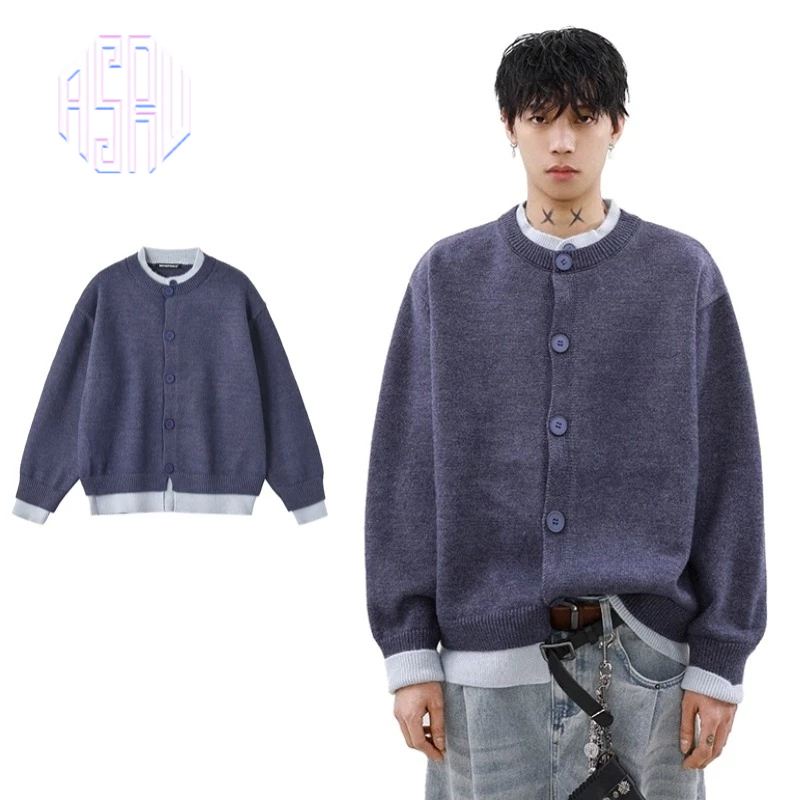 Asrv ฤดูใบไม้ร่วงและฤดูหนาวขี้เกียจผู้ชายและผู้หญิงปุ่มเสื้อกันหนาวอเมริกันวิทยาลัยสไตล์ปลอมสองชิ้นเสื้อกันหนาว