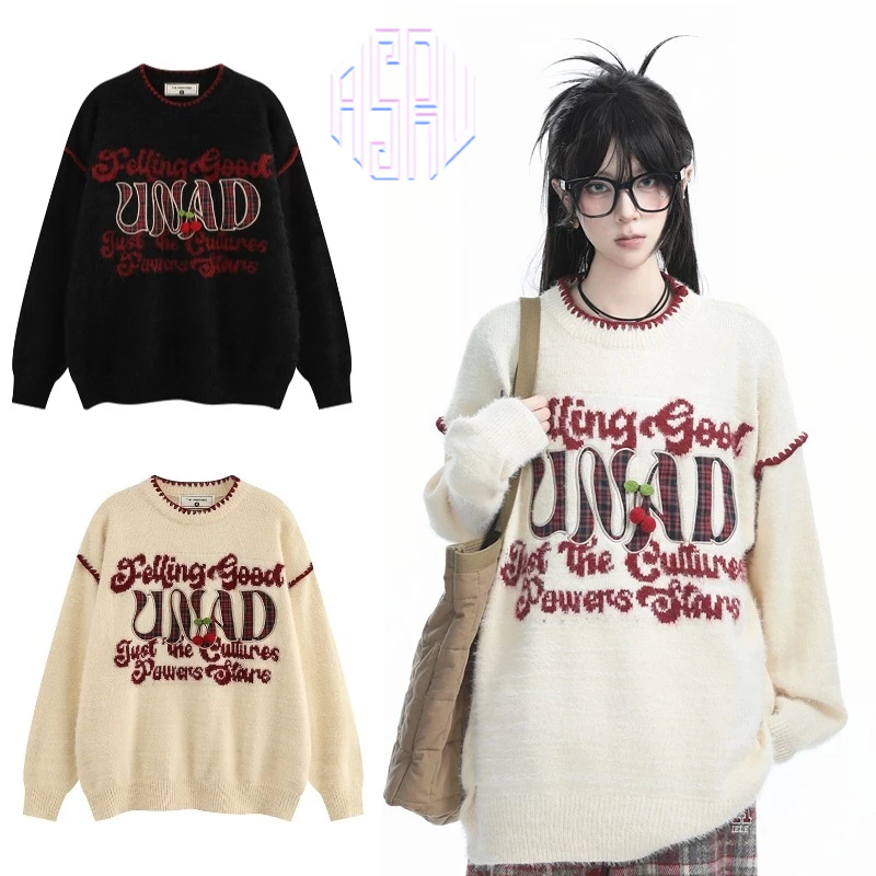 Asrv ฤดูหนาวผู้ชายและผู้หญิงสไตล์ขี้เกียจหลวมถักเสื้อกันหนาวอเมริกันย้อนยุคจดหมายเย็บปักถักร้อยรอบคอเสื้อกันหนาว