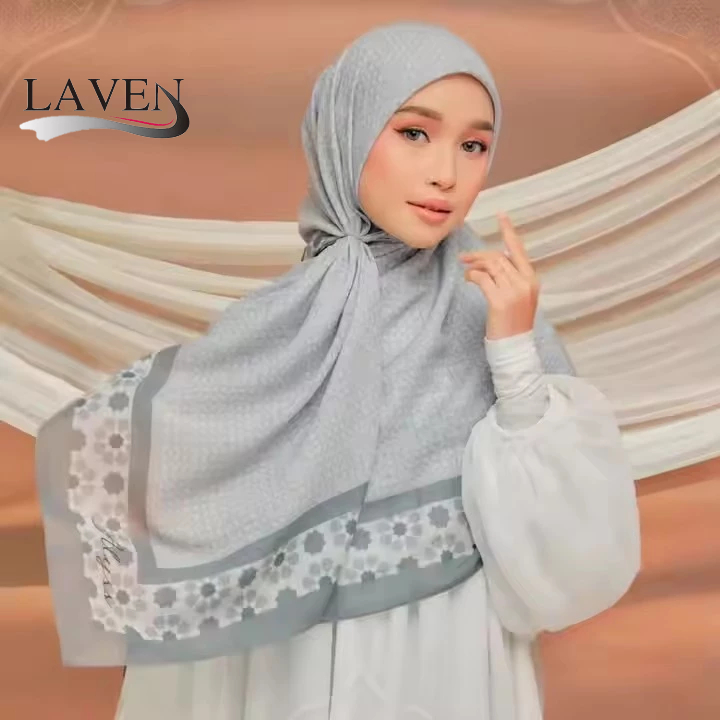 Laven Geometric พิมพ์ผ้าคลุมไหล่ Square Voile Bawal ผ้าคลุมไหล่เหนียวผ้าพันคอมุส