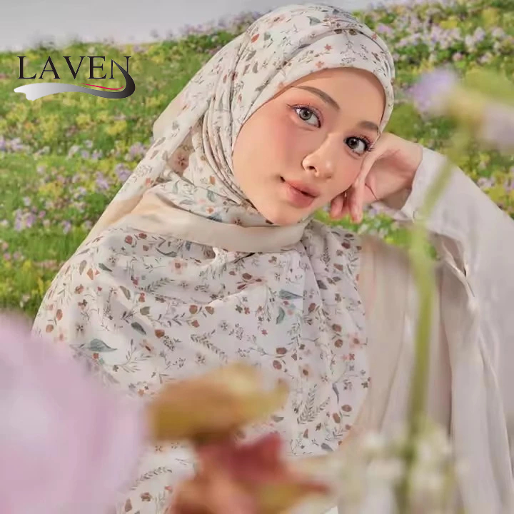Laven 110*110 ซม.พิมพ์ Voile Bawal lacework ดอกไม้ผ้าพันคอสแควร์ผ้าพันคอพรีเมี่ยมมุสลิม Tudung Square ผ้าคลุมไหล่