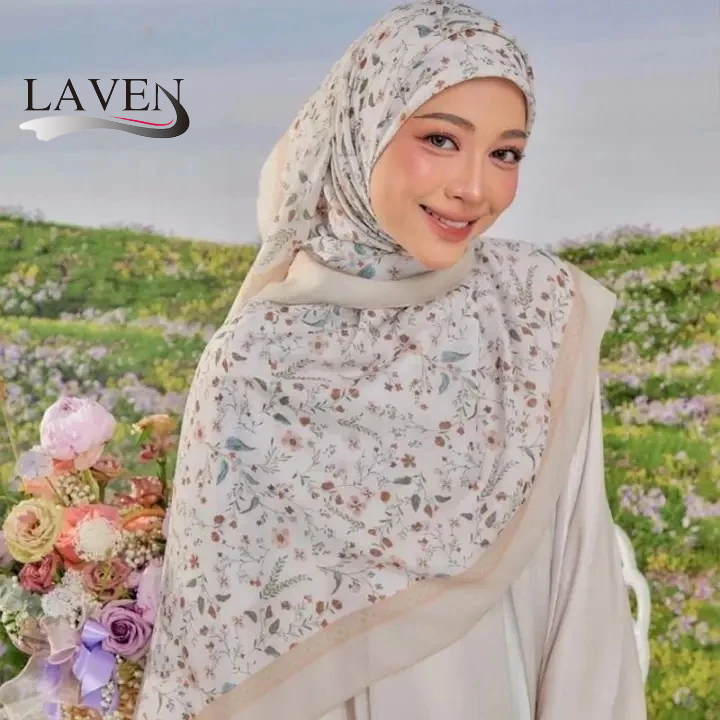 Laven พิมพ์สแควร์ Voile Bawal เลเซอร์ตัดดอกไม้พิมพ์ Bawal พรีเมี่ยมเหนียวผ้าพันคอมุสลิม Tudung Square ผ้าคลุมไหล่