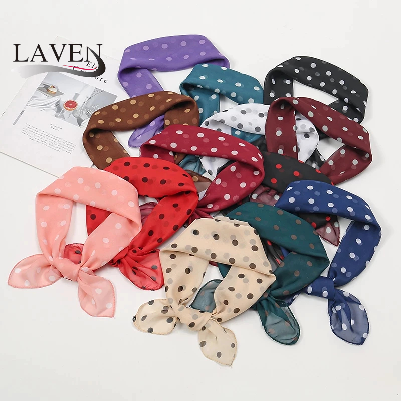 Laven Polka Dot พิมพ์ Bandana Square Ribbon Scarf ผูกผมใส่ผ้าคลุมไหล่ผ้าชีฟองน้ําหนักเบา