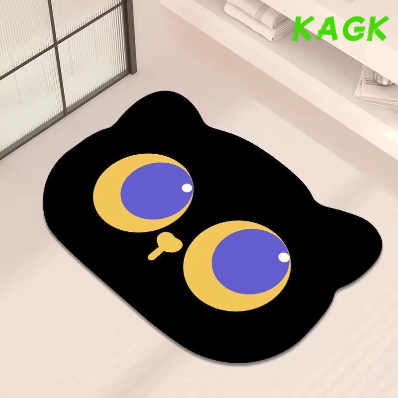 【KAGK】พรมปูพื้นซิลิโคน พรมกันลื่นในห้องน้ําแบบแห้งเร็ ดีไซน์หน้าแมวสีดําน่ารัก เสื่อพรม