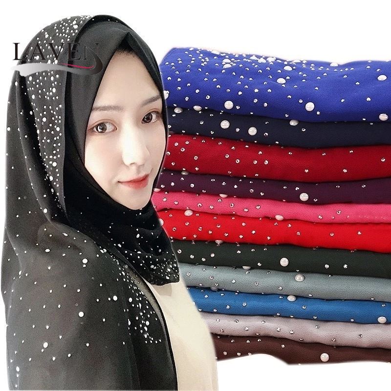 Laven Solid Bubble ชีฟองผ้าคลุมไหล่เพชรลูกปัดผ้าคลุมไหล่ Rhinestone สีขาว Pashmina ผ้าพันคอมุสลิม Headscarf