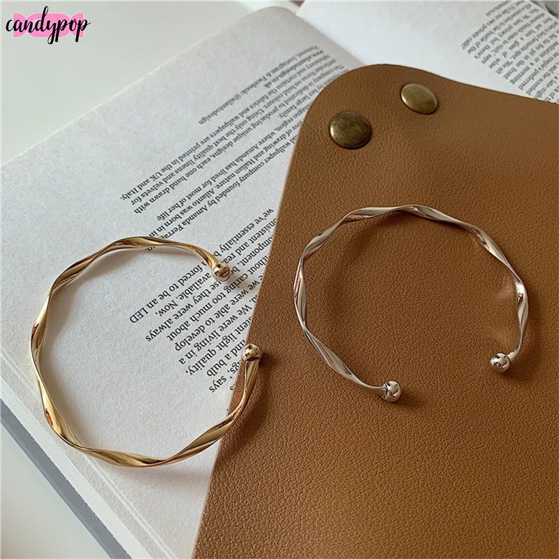 Candy 1บาทสร้อยข้อมือรูปคลื่นสีเงินโกลเด้นหรูหราเกาหลีแฟชั่นปรับได้เปิดเรียบง่ายเครื่องประดับผู้ชายและผู้หญิงขายส่ง