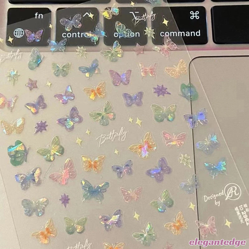 Elegant 5D ผีเสื้อเลเซอร์เล็บสติกเกอร์ Bowknot Wing Streamer นูน Sliders สีสัน Decals เล็บออกแบบตกแต่ง