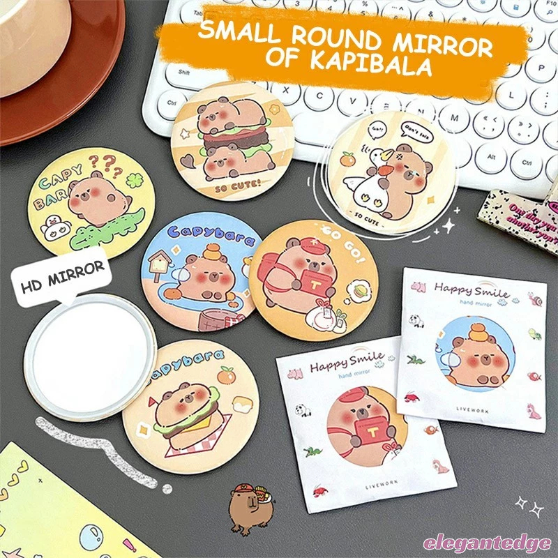 Elegant Cute Capybara Mirror กระจกกลมเล็กแบบพกพาการ์ตูนกระจกมองข้างเดี่ยว