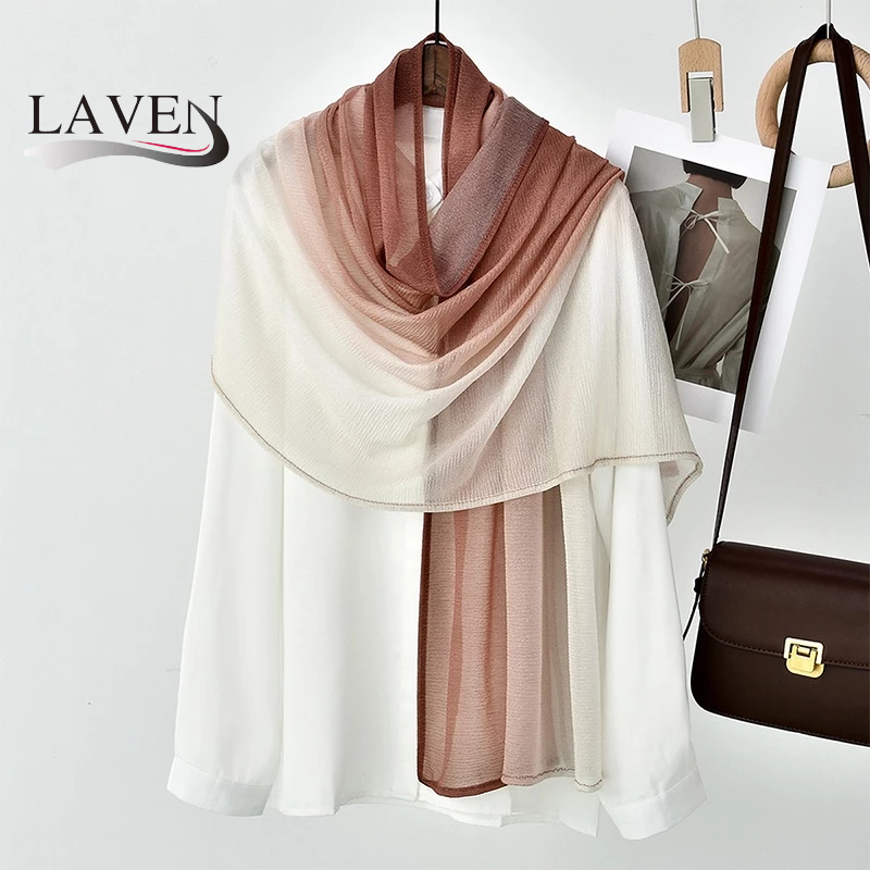 Laven Gradient จีบ Hijab ยืดหยุ่น Shimmer Shawl Tudung พิมพ์ผ้าคลุมไหล่ Pashmina ผ้าพันคอมุสลิม Headscarf