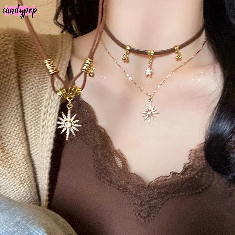 Candy สร้อยคอ เมลลาร์ด chokerโซ่ไหปลาร้า ดวงอาทิตย์และดวงดาว สไตล์หวานและเท่ นักเรียนสำหรับผู้หญิง 2025ใหม่