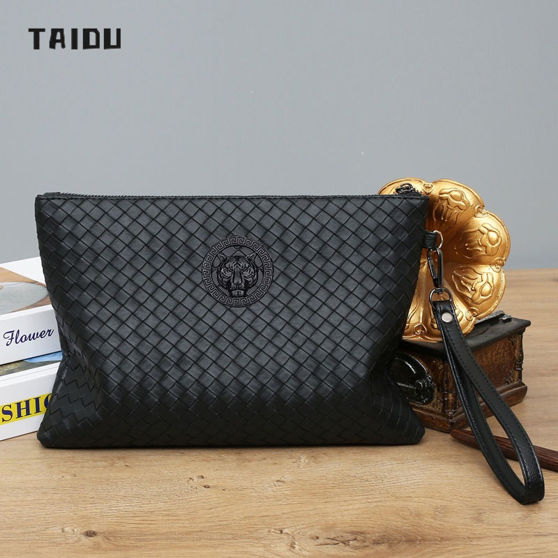 TAIDU กระเป๋าถือผู้ชาย กระเป๋าซองจดหมายถัก ความจุขนาดใหญ่ หนังนิ่ม ธุรกิจ กระเป๋าผู้ชาย