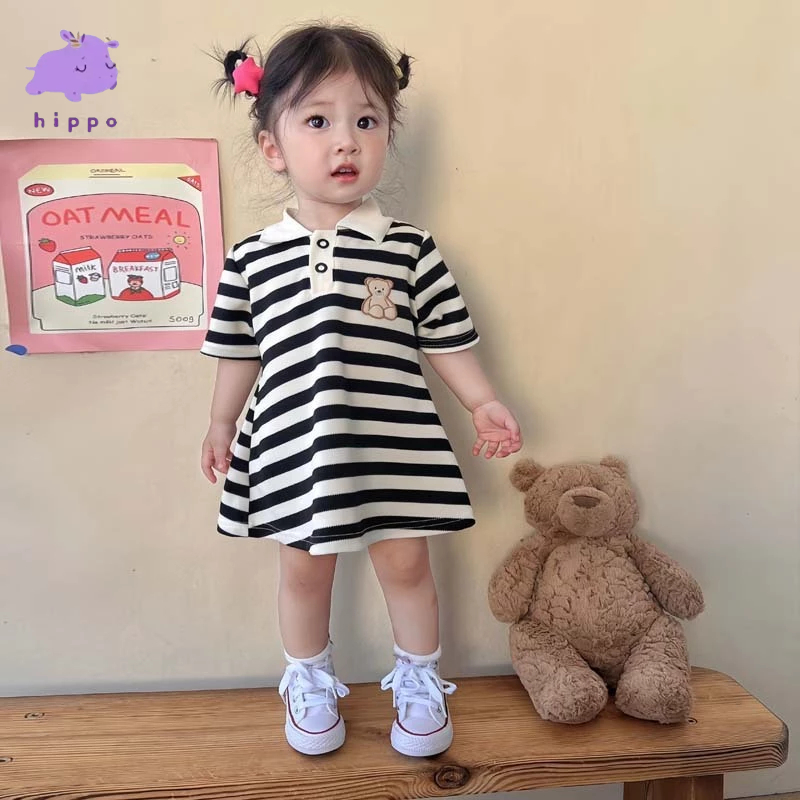 ชุดเดรสเด็กผู้หญิง มาใหม่ปี 2024 ชุดเดรสแขนสั้นคอปกโปโล ทันสมัย ​​ลำลอง ใส่สบาย