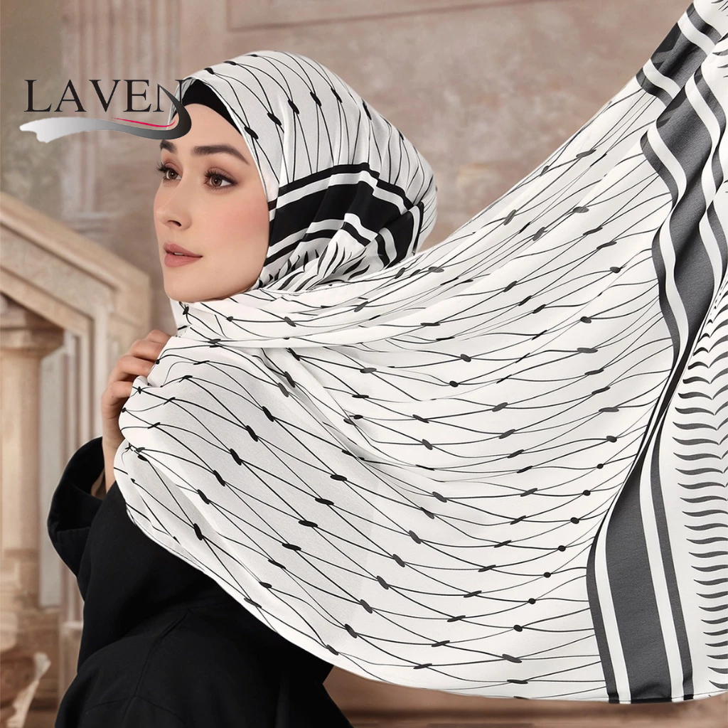 Laven เรขาคณิตพิมพ์ชีฟองผ้าคลุมไหล่ Headscarf Keffiyeh ผ้าพันคอมุสลิม Tudung Hijab Palestine Keffieh ผ้าคลุมไหล่