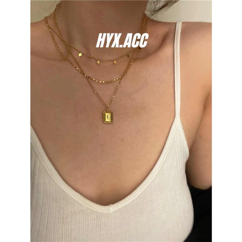 สร้อยคอผู้หญิง Square Fragment Double Layer Necklace Non-Fading Titanium Steel Necklace