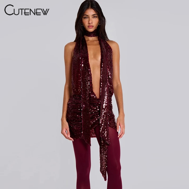 Cutenew มินิเดรสเซ็กซี่ Backless Off Sleeves Deep V Skinny Wrap Butt บุคลิกภาพ Niche Hot Chick ดูทินเนอร์แฟชั่นใหม่สุดฮอต