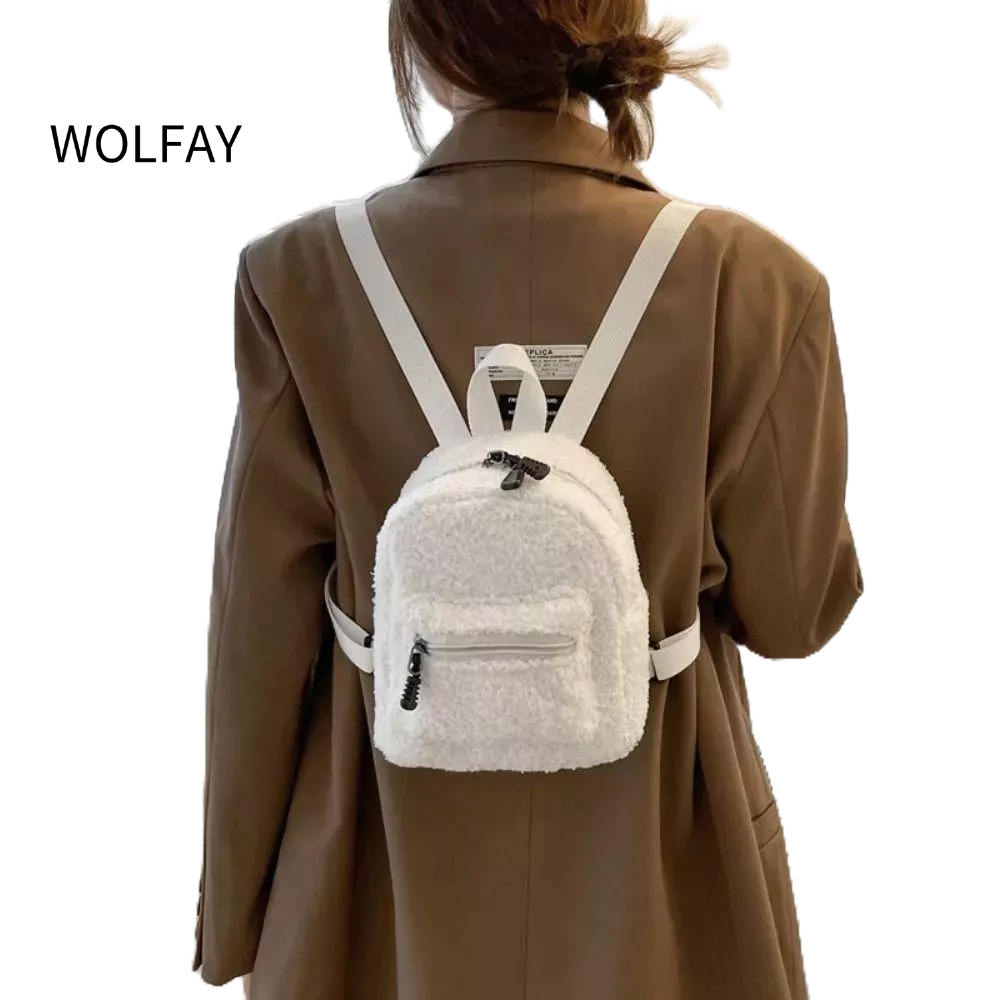 Wolfay Mini Plush กระเป๋าเป้สะพายหลัง, กระเป๋าเดินทางขนนุ่มหลายกระเป๋า, กระเป๋านักเรียนเด็กผู้หญิงสีทึบแฟชั่นน้ําหนักเบา