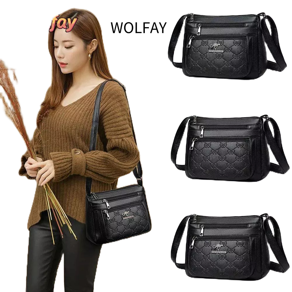 Wolfay ซื้อกระเป๋าผัก, หนัง PU ความจุขนาดใหญ่กระเป๋าแม่วัยกลางคน, แฟชั่นหลายชั้นสีดําไหล่กระเป๋า Messenger ผู้หญิง