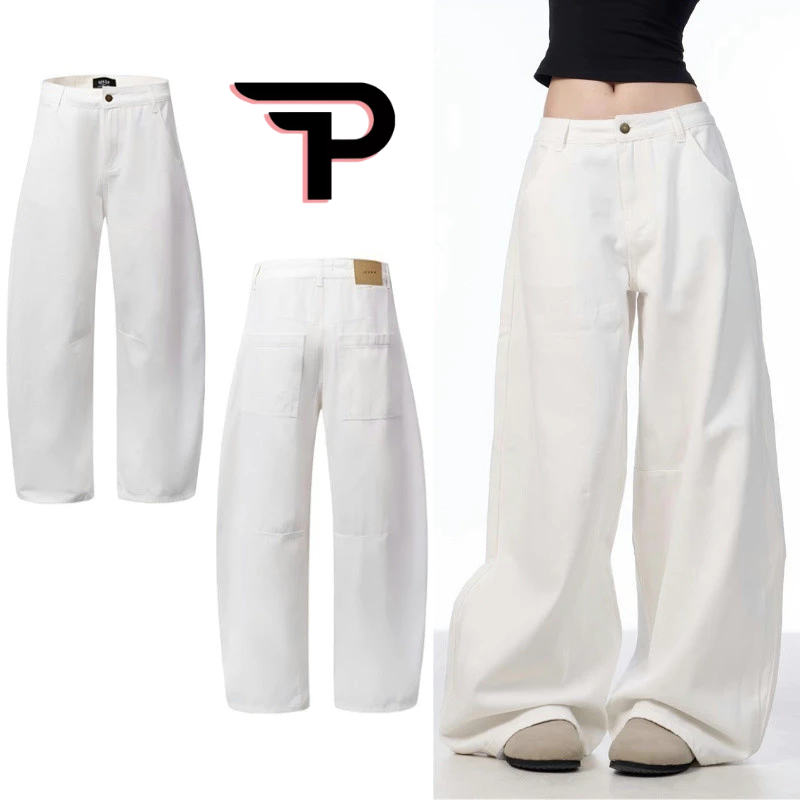PannoFluxus กางเกงยีนส์ผู้ชายญี่ปุ่นเรียบง่ายหลวมสบายๆเอวสูงผ้าม่านคุณภาพสูงสไตล์เป็นกลางกางเกงยีนส์