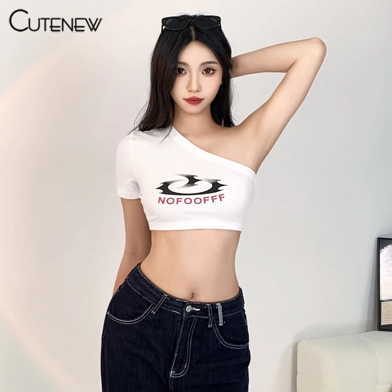 Cutenew เซ็กซี่เสื้อยืดไม่สมมาตรแขนสั้นสะดือสัมผัสผอมบุคลิกภาพซอกร้อนเจี๊ยบดูทินเนอร์บรรยากาศสไตล์